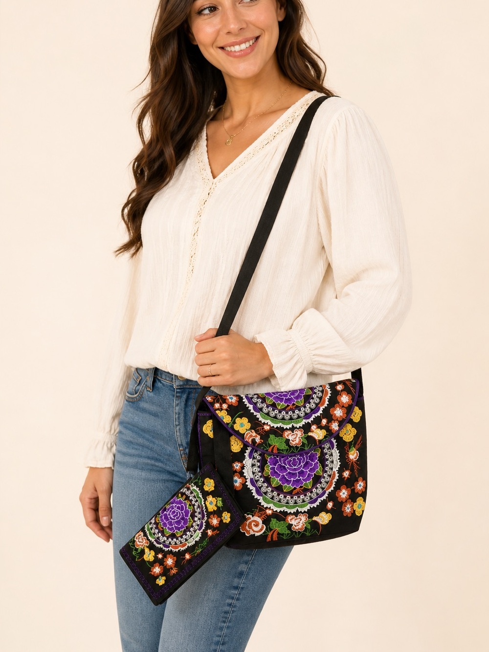 Floral Embroidery Boho Sling Bag & Wallet Set Colorful Polyester Crossbod Purse